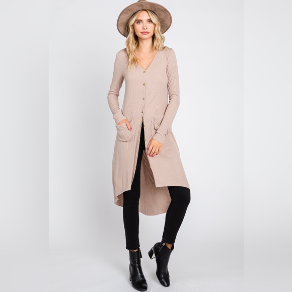 Beige button front knit maternity cardigan - Picture 4 of 7